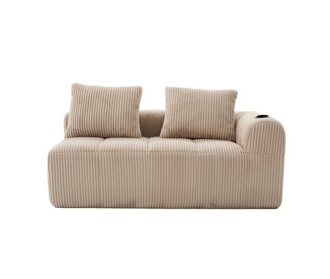 Sofá de veludo cotelê de 2 lugares - com almofadas macias, bolsa lateral para comando e bebidas - cáqui