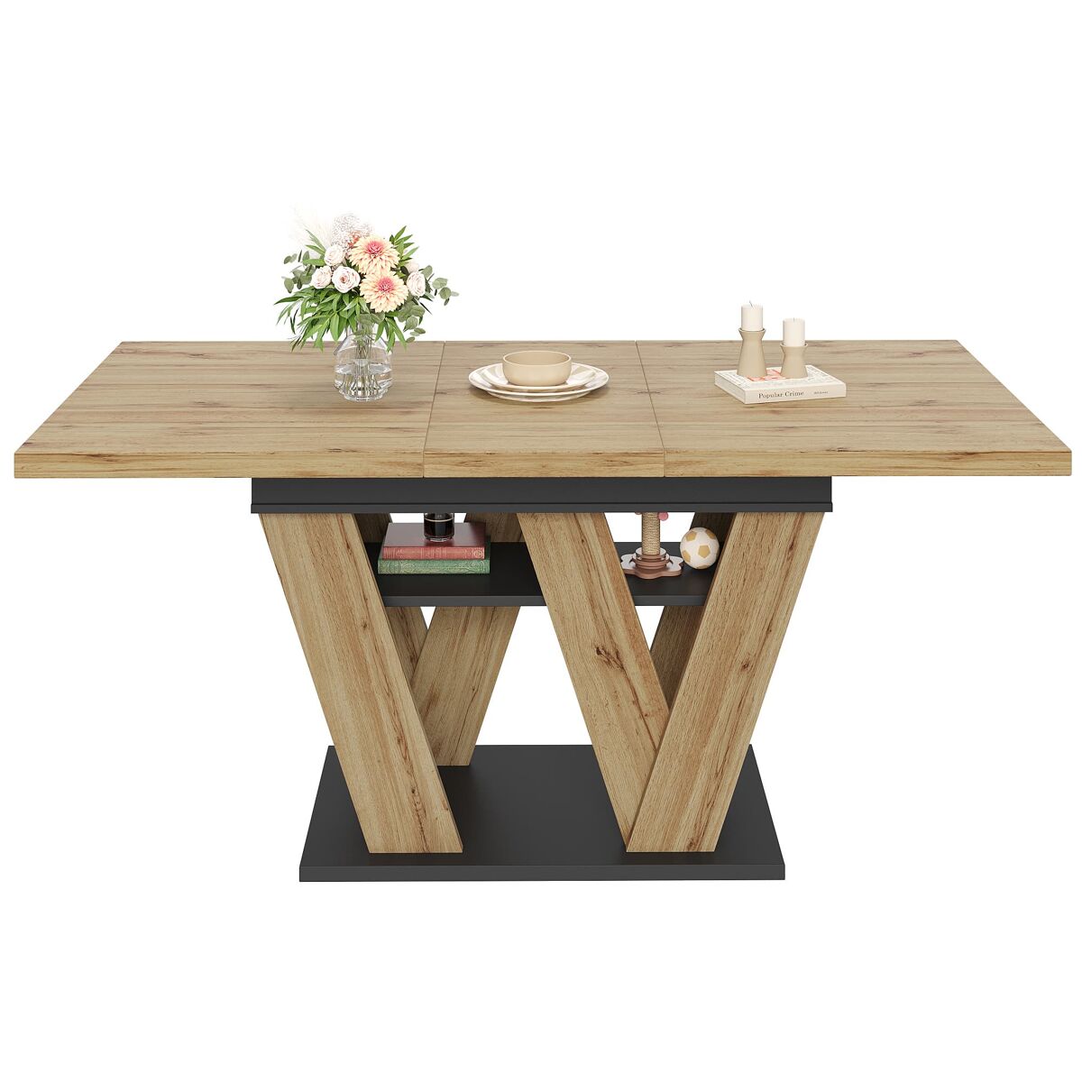 Mesa extensível 119-158,5×80 cm - sala de jantar, cozinha, sala de estar, pernas em w - preto/natural