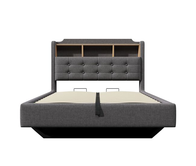 Cama estofada 140x200 cm - com led, armazenamento hidráulico, design flutuante, cinza