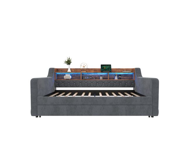 Sofá-cama 90x190 cm - com arrumação, led, usb-c, 12 lâminas, estrutura metálica e de madeira - cinza