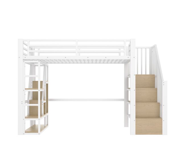Cama alta 90x200 cm - estrutura metálica, prateleira, escada integrada, barra de proteção, luz led, arrumação aberta - branco