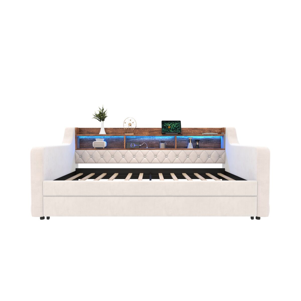Sofá-cama 90x190 cm - com arrumação, led, usb-c, 12 ripas, estrutura em metal e madeira - bege