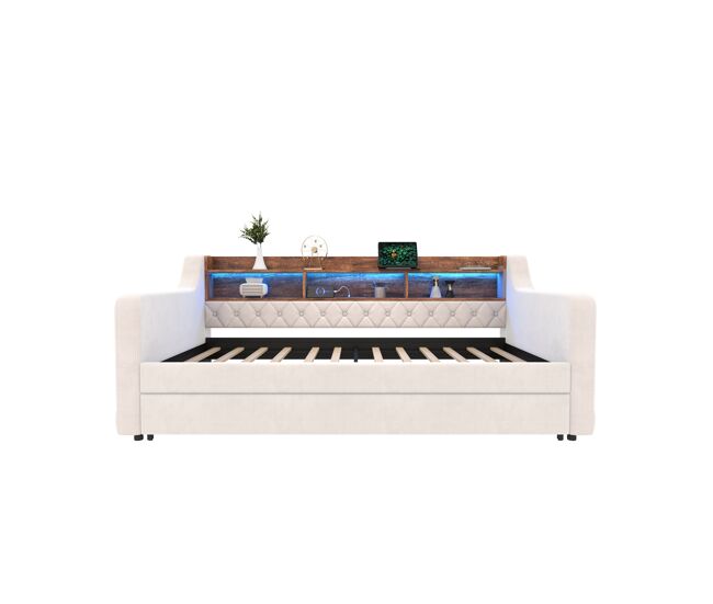 Sofá-cama 90x190 cm - com arrumação, led, usb-c, 12 ripas, estrutura em metal e madeira - bege