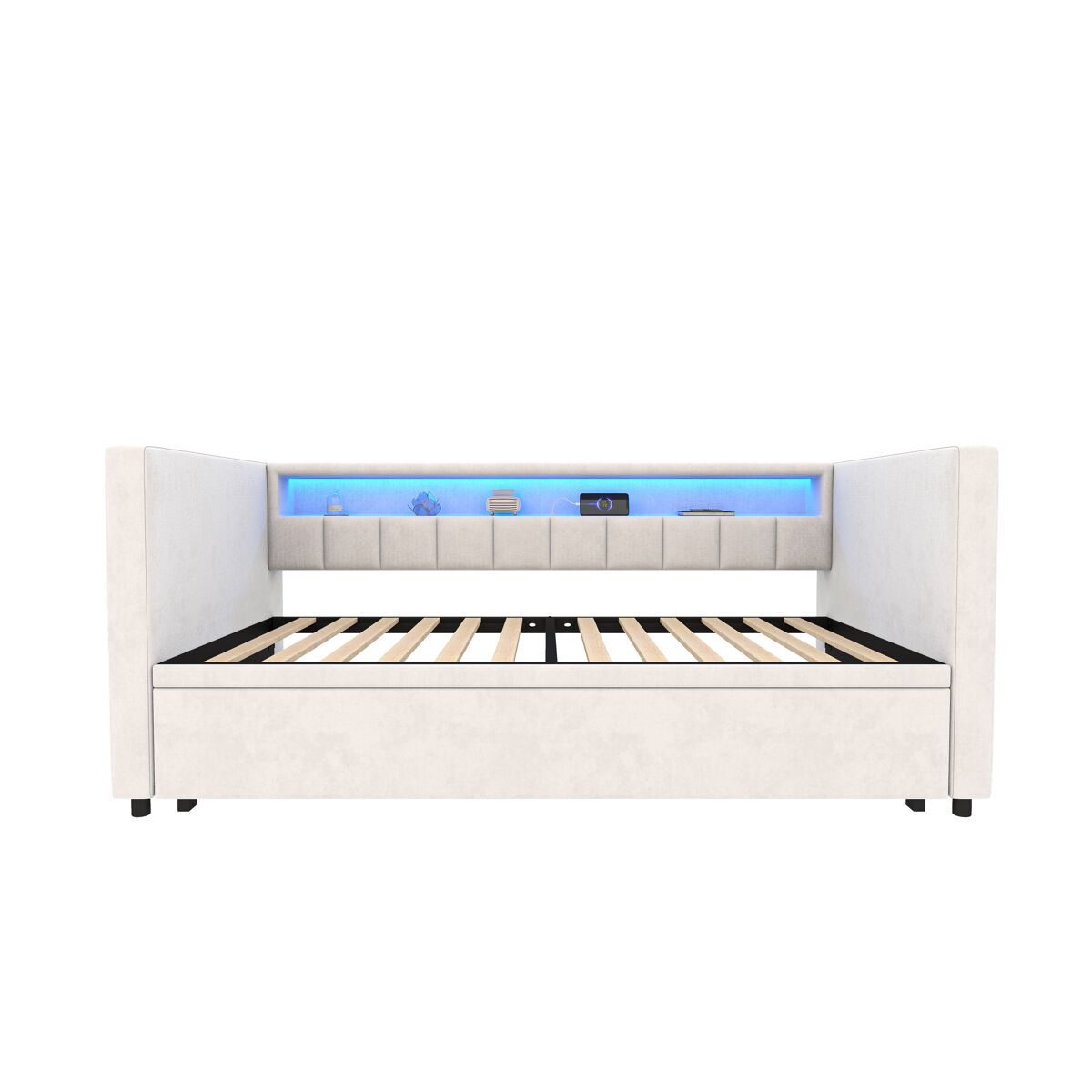 Sofá-cama multifuncional 90x190 cm - cama extensível, usb-type-c, led ambiente, veludo, com arrumação - bege