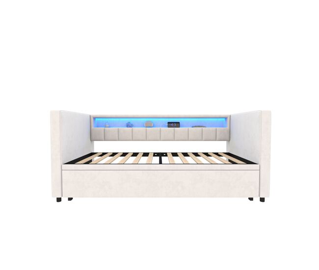 Sofá-cama multifuncional 90x190 cm - cama extensível, usb-type-c, led ambiente, veludo, com arrumação - bege