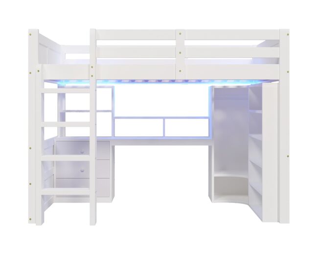 Cama alta 140x200 cm - com led, armário, secretária, gavetas, sem colchão - branco