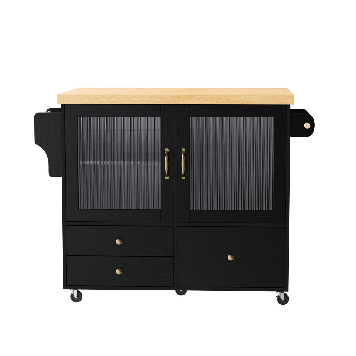 Ilha de cozinha móvel - com rodas, mesa extensível, porta-copos e armazenamento - preto e natural