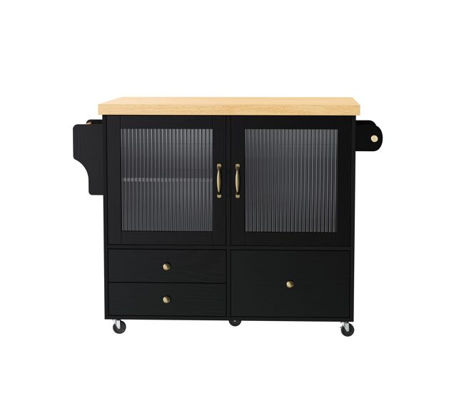 Ilha de cozinha móvel - com rodas, mesa extensível, porta-copos e armazenamento - preto e natural