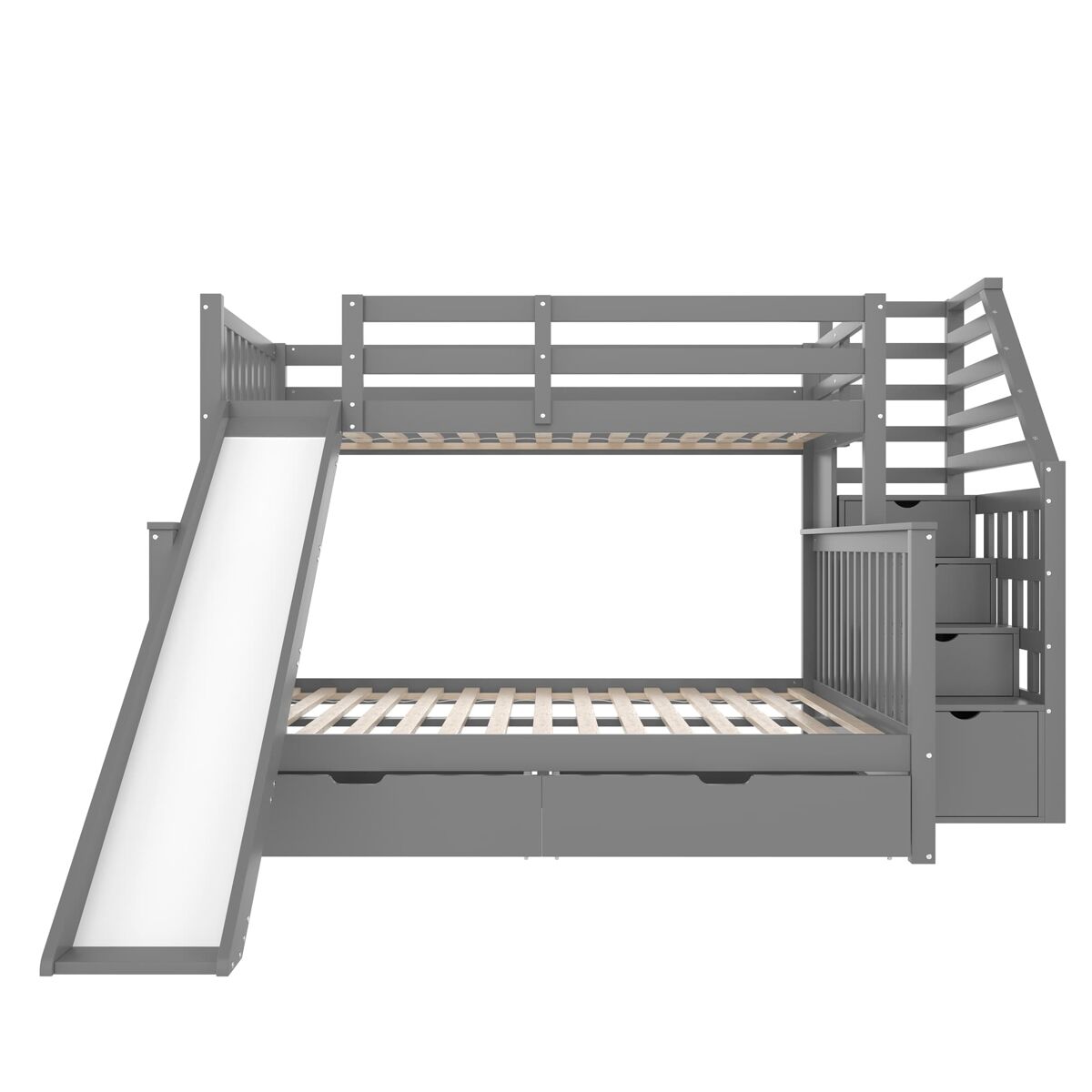 Cama beliche 90x200 - com gavetas, arrumação e escorrega, multifuncional, cinzenta