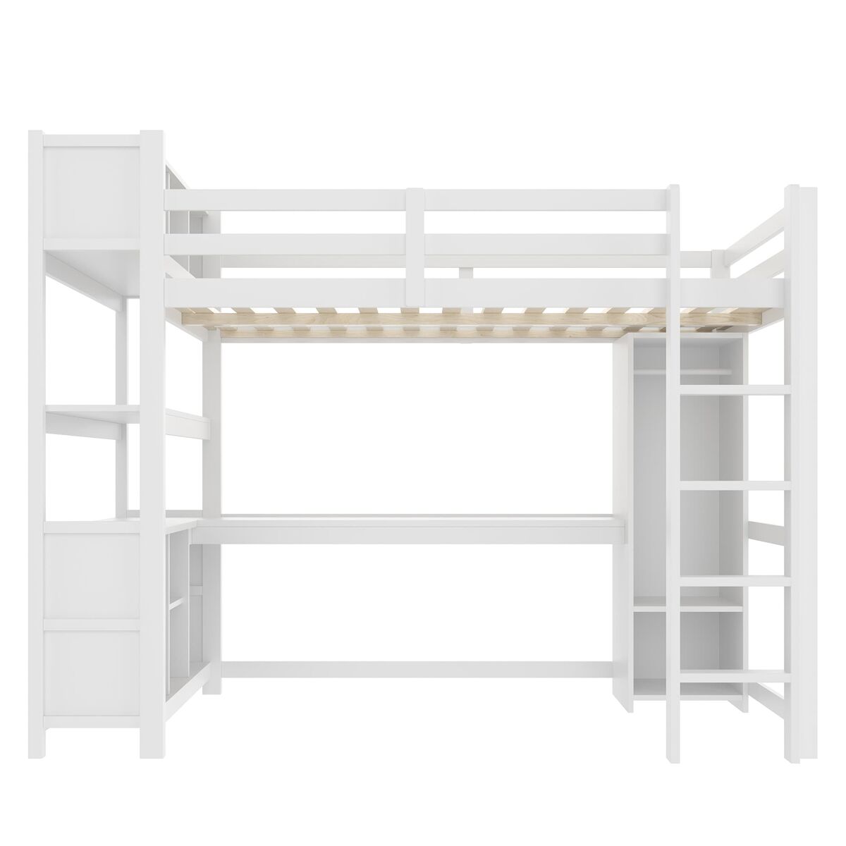Cama alta 140x200 cm - estantes, vários compartimentos, secretária, armário - branco