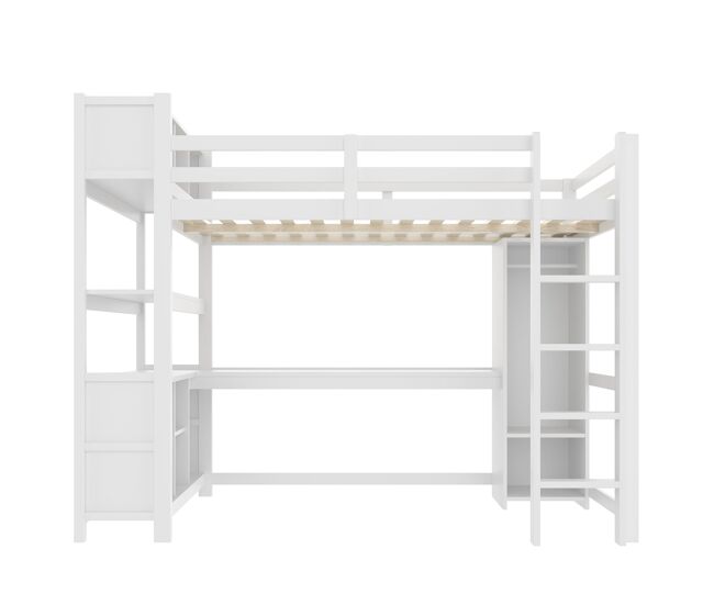 Cama alta 140x200 cm - estantes, vários compartimentos, secretária, armário - branco