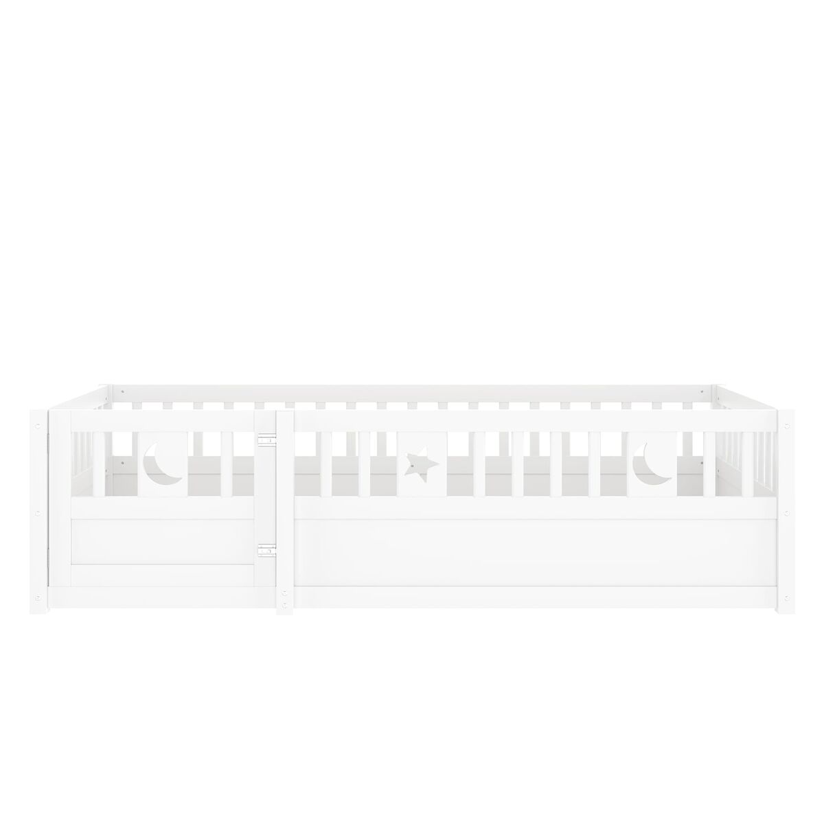 Cama infantil, 90x190 cm - com grade, decoração de estrela e lua, estilo minimalista, branco