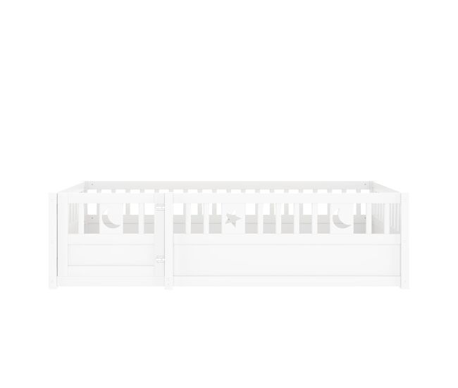Cama infantil, 90x190 cm - com grade, decoração de estrela e lua, estilo minimalista, branco