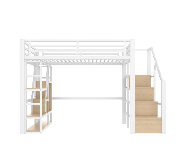 Cama loft 140x200 cm - estrutura em ferro, prateleira, escadas integradas, corrimão, luz led, arrumação aberta - branco
