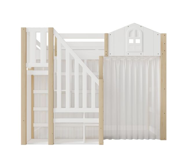 Cama loft 140x200 cm - com luzes led, escada com arrumação, janela, com espaço de arrumação, sem colchão - branco + natural
