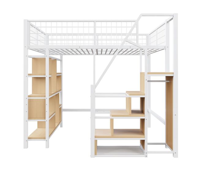 Cama alta multifuncional 140 x 200 cm - com arrumação, prateleiras e escada - branco
