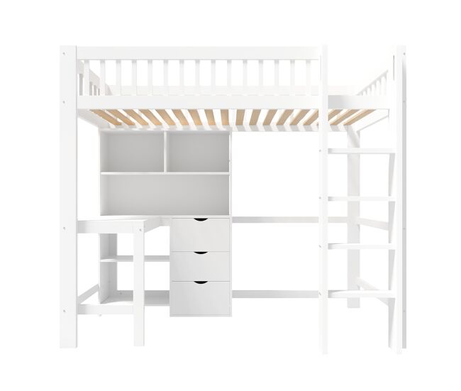 Cama alta 90x200 cm - com prateleiras, secretária, 3 gavetas, escada - branca