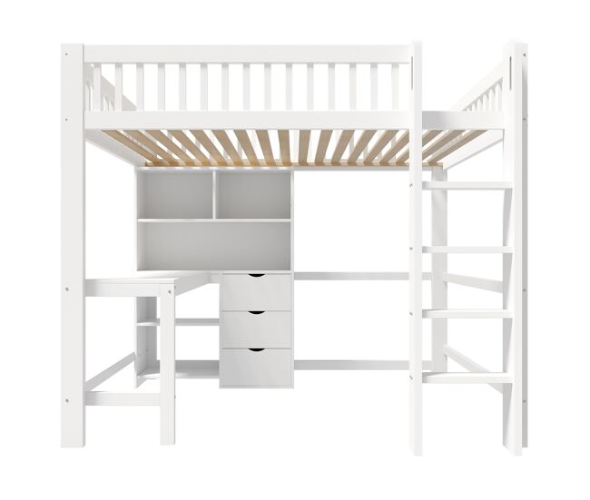 Cama alta 140x200 cm - estante, escada, secretária, 3 gavetas - branco