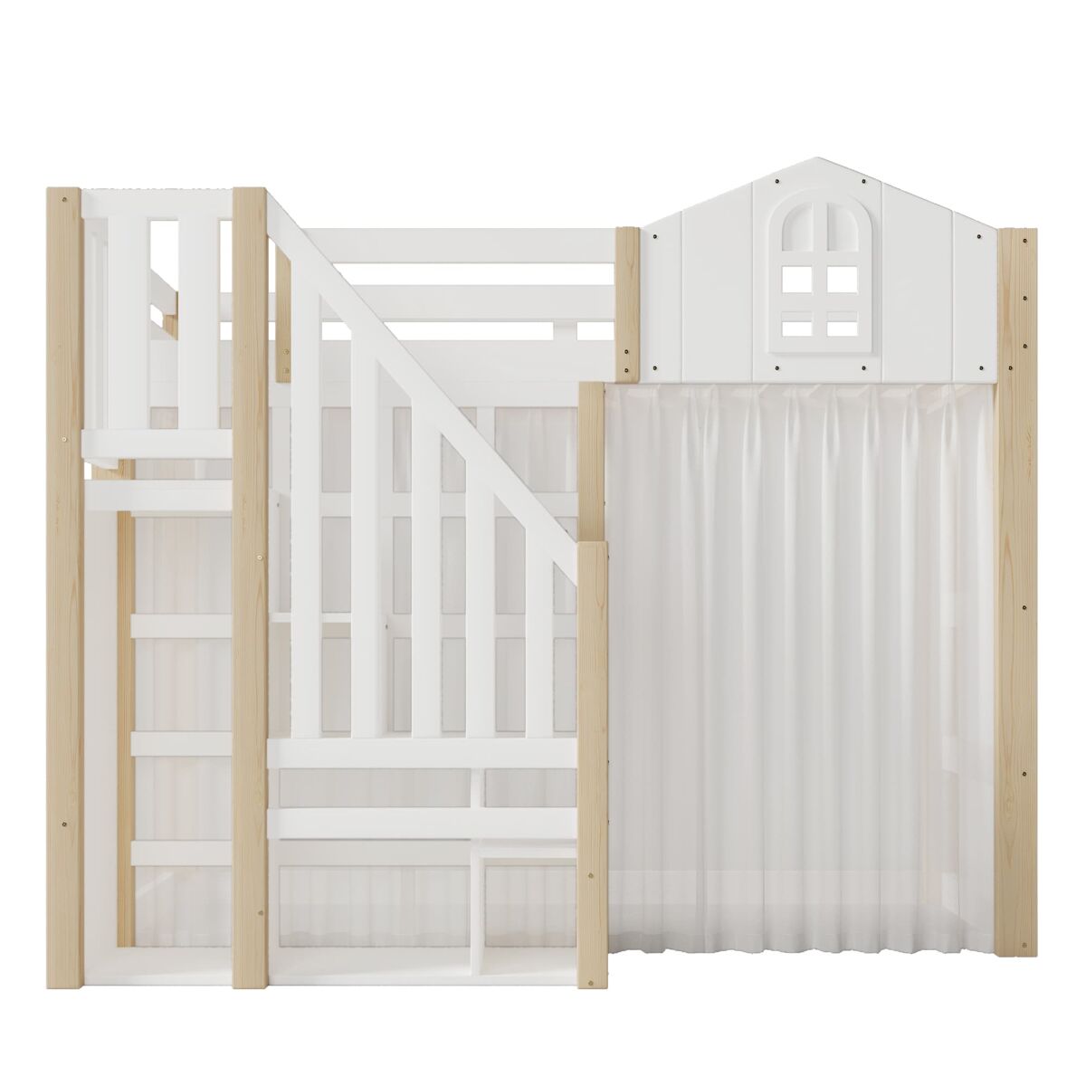Cama loft 90x200 cm - com luzes led, formato de janela, escada com espaço de arrumação, branco + natural