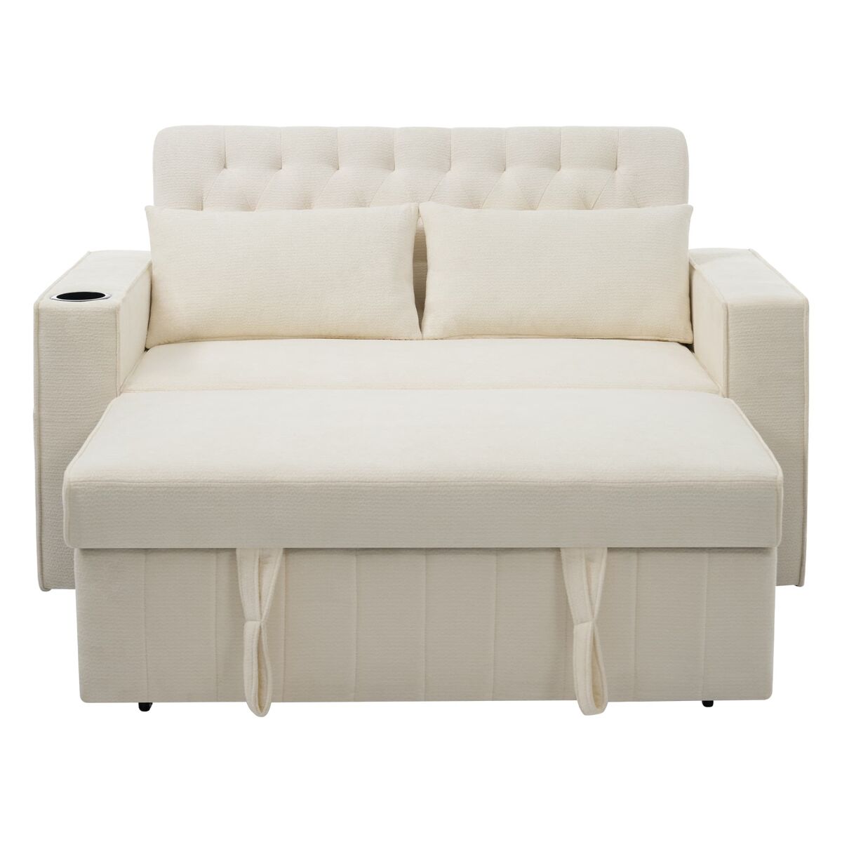 Sofá-cama multifuncional de 2 lugares - com arrumação, porta-copos, porta usb, almofadas - bege