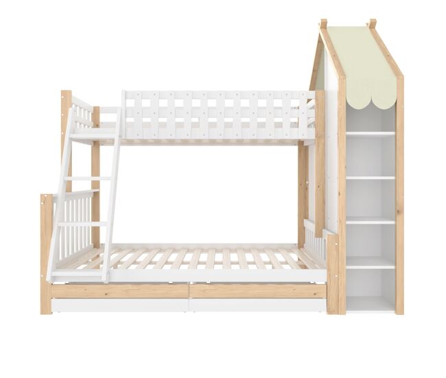 Cama alta 90x200 cm + 140x200 cm - com grades, escada, 2 gavetas, vedação irregular - branco + natural