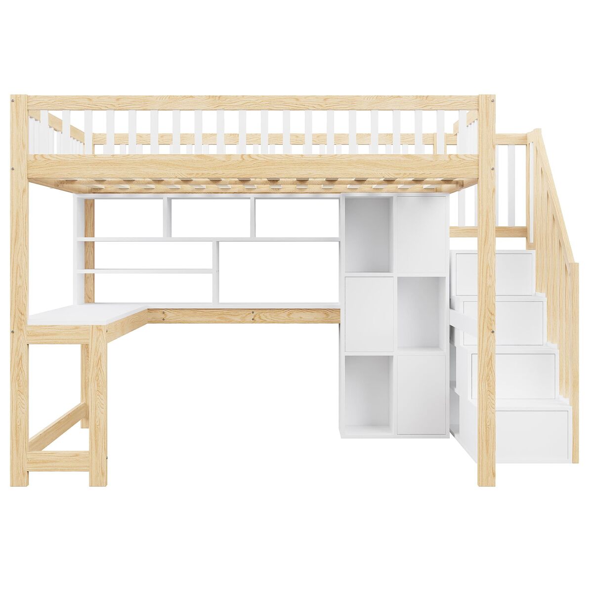 Cama alta 140x200 cm - com luzes led, estante, secretária, sem colchão - branco+natural