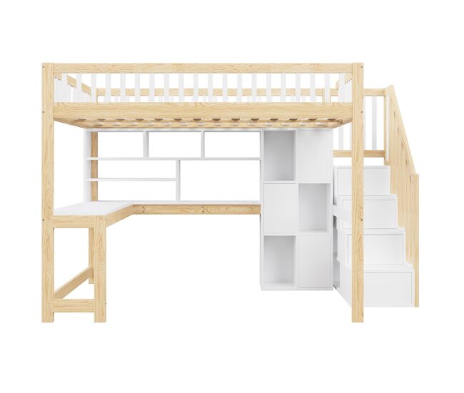 Cama alta 140x200 cm - com luzes led, estante, secretária, sem colchão - branco+natural