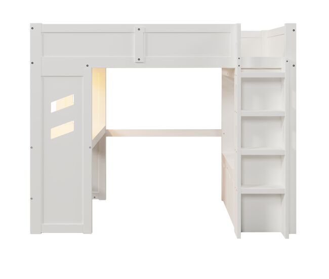 Cama alta 90x200 cm - gaming com secretária, led, 1 usb, 1 tipo c, com prateleira, branca