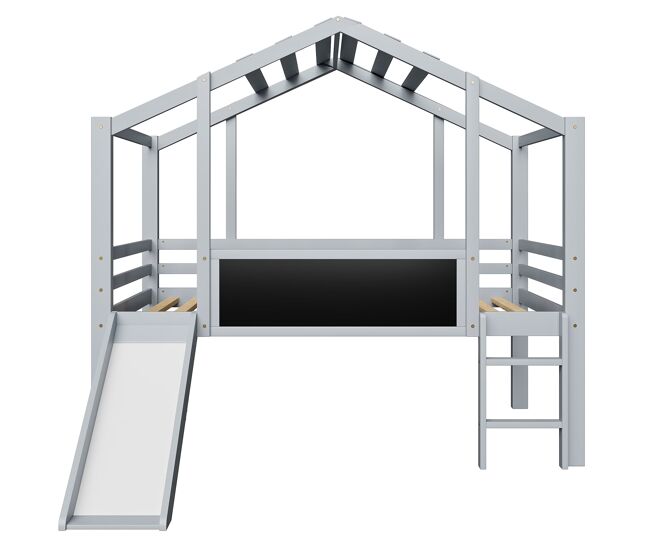 Cama infantil 90x200 cm - design loft, escada e escorregador de segurança, quadro de grafite, madeira maciça, cinza