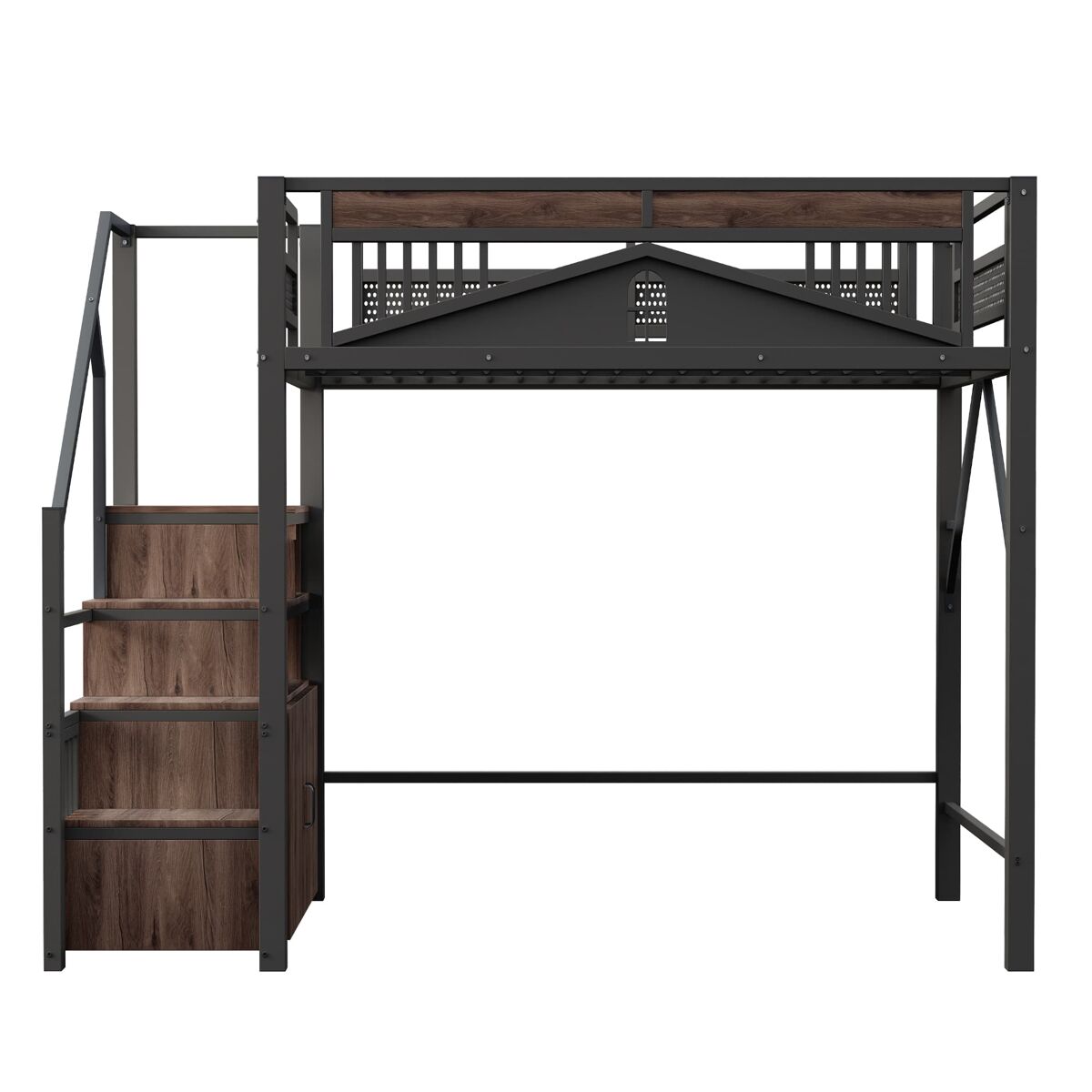 Cama alta metálica 140x200 cm - cofre com janela, escada com armário - preto