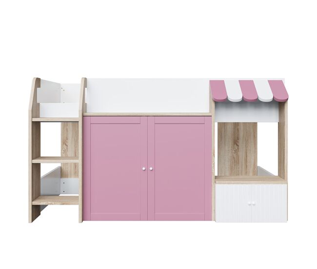 Cama infantil 90x200 - com espaço de arrumação, escada, cama alta em madeira maciça - branco+rosa+cor da madeira