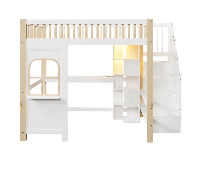 Cama alta 140x200 cm - com luzes led, forma de janela, secretária, prateleira e tomada elétrica - branco+natural