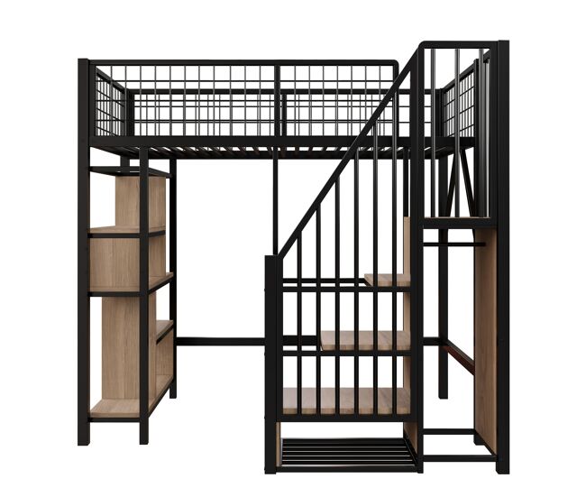 Cama alta multifuncional 90x200 cm - com arrumação, prateleiras e escada - preto