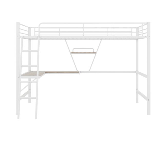 Cama alta 90x200 cm - estrutura metálica, secretária em l, estante, sem colchão, branca