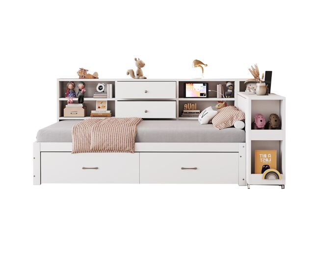 Sofá-cama de madeira 90x200 cm - arrumação multifuncional, prateleiras, 2 gavetas, mesa extensível - branco