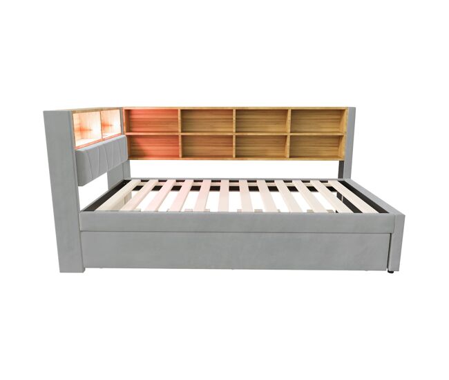 Sofá-cama 90200 - cama extensível 90190, com luzes led, tomadas, arrumação, flanela, cinzento claro