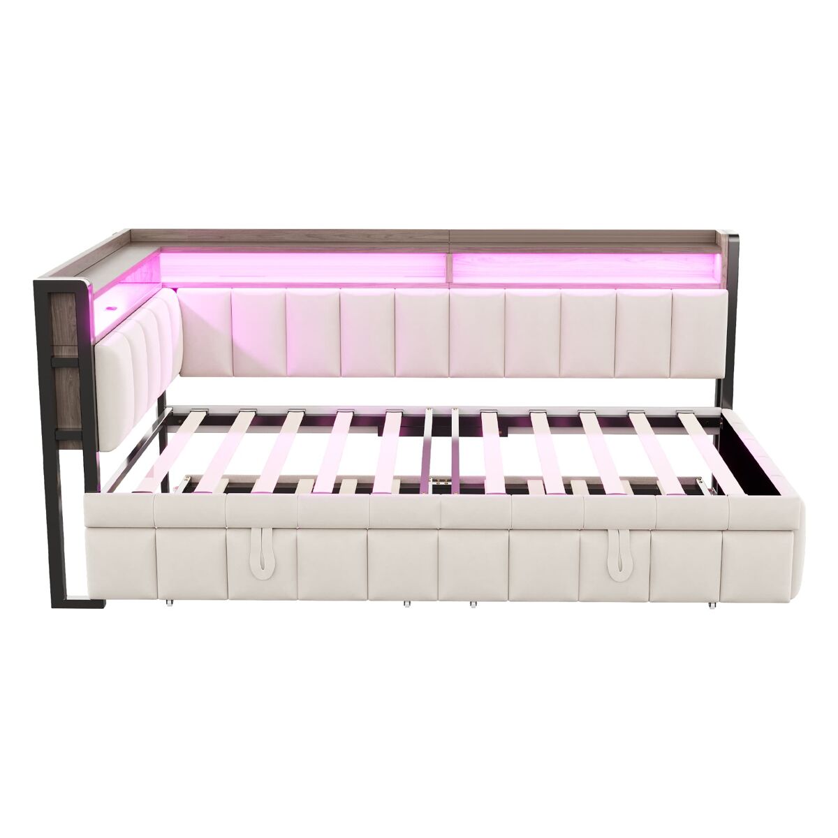 Sofá-cama 90x200 cm - cama extraível, iluminação led, portas usb e tipo-c, bege