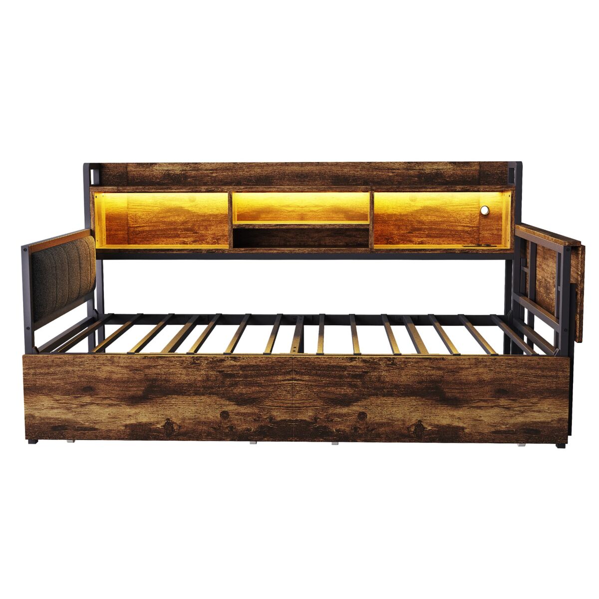 Sofá-cama de ferro 90 x 200 cm - com iluminação led, arrumação, gavetas e secretária dobrável - cor madeira