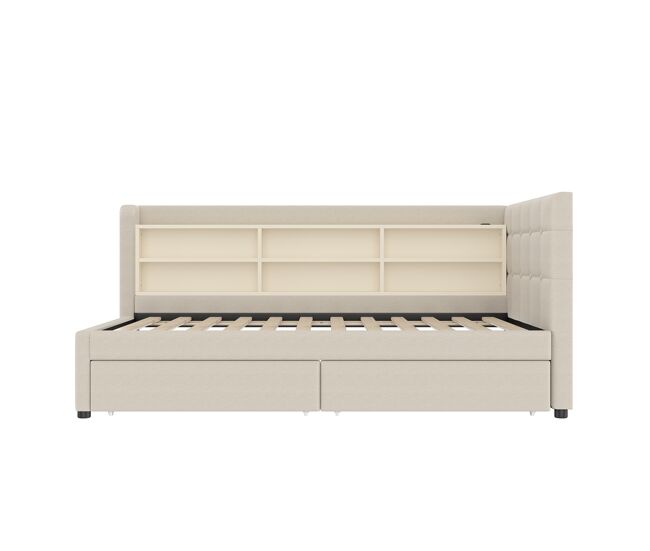 Sofá-cama 90x200 cm - com 2 gavetas, usb + tipo c, compartimentos, com estrado - bege