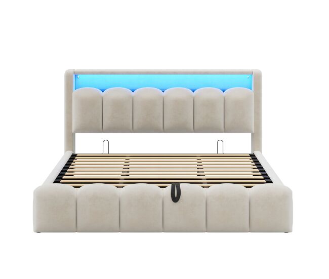 Cama multifuncional 180x200 cm - função hidráulica, portas usb e led, design em pétalas - bege