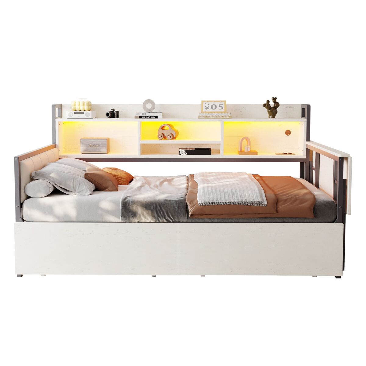 Sofá-cama de ferro 90x200 cm - com iluminação led, arrumação, secretária dobrável - branco