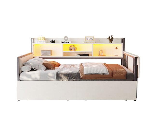 Sofá-cama de ferro 90x200 cm - com iluminação led, arrumação, secretária dobrável - branco