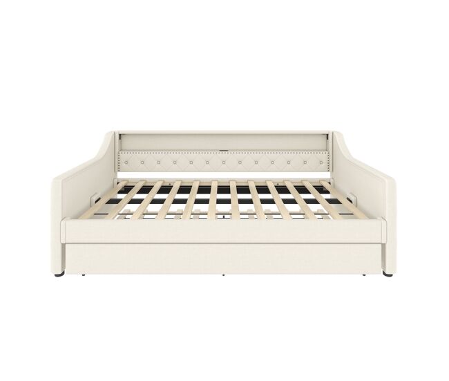 Cama de dia 90x200 cm - sofá-cama, com estrado, luzes led, cama extensível, usb - bege