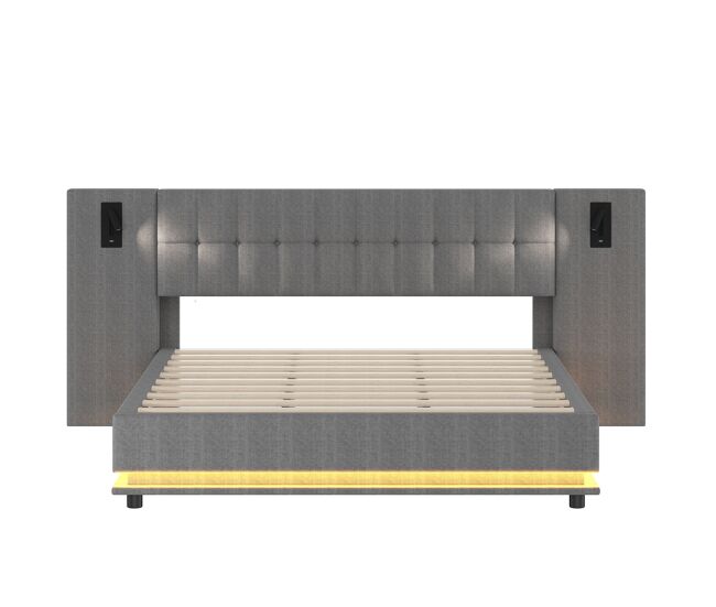 Cama estofada 180x200 cm - com faixa led, cabeceira com spot, usb, sem colchão, linho, cinza