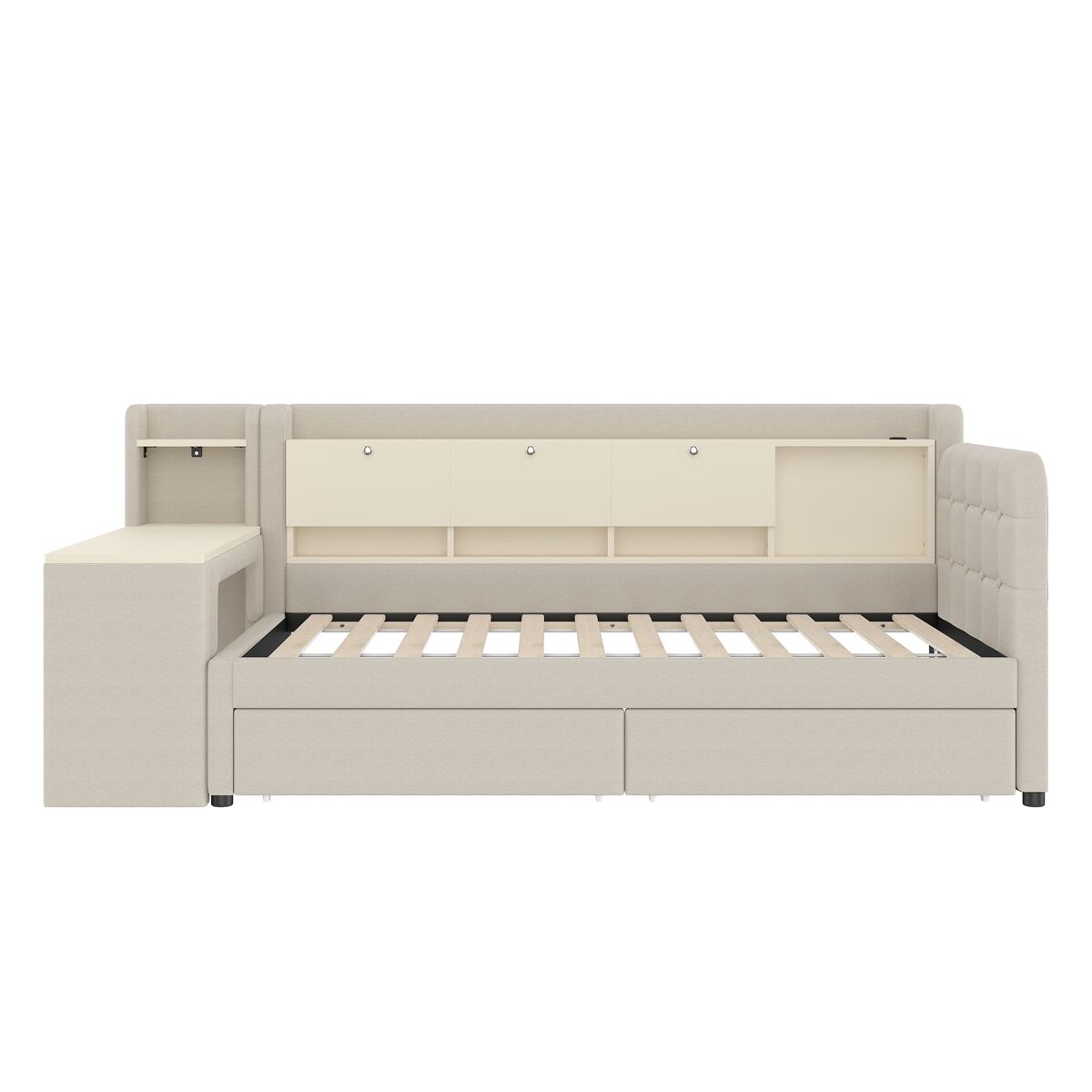 Daybett 90x200 cm - sofá-cama com 2 gavetas, secretária, usb + tipo c, arrumação, linho, bege