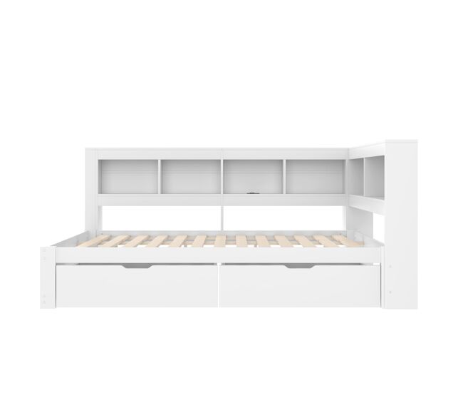 Sofá-cama 140x200 cm - com 2 gavetas, tomada e 2 portas usb, com estrado - branco