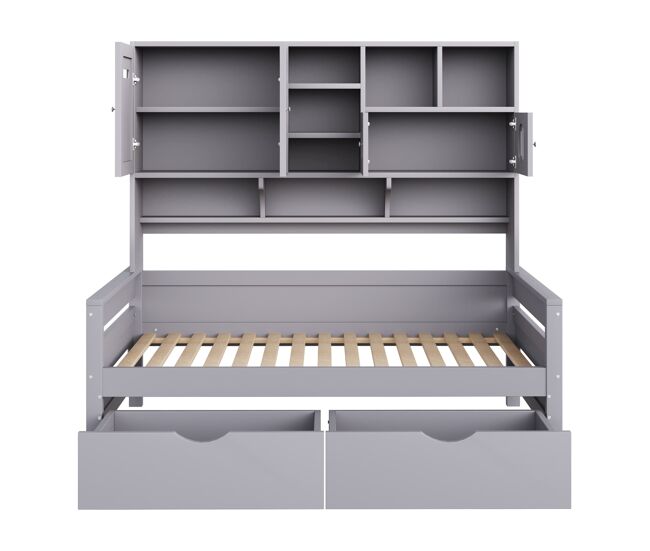 Sofá-cama de madeira 90x200 cm - armazenamento multifuncional, gaveta grande, cama juvenil, estrado, cinzento