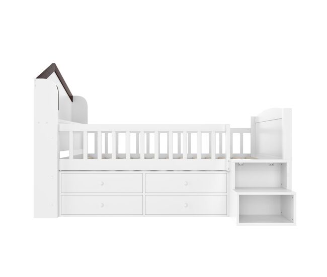 Cama semi-alta 90x200 cm - forma de casa, janela, 4 gavetas, barra led, escada de arrumação - branco