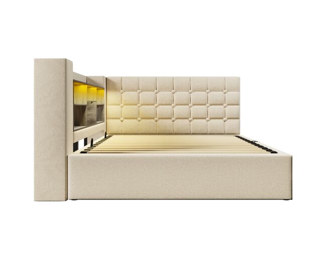 Cama estofada 140x200 - led, armazenamento hidráulico, cabeceira l, colchão incluído - bege