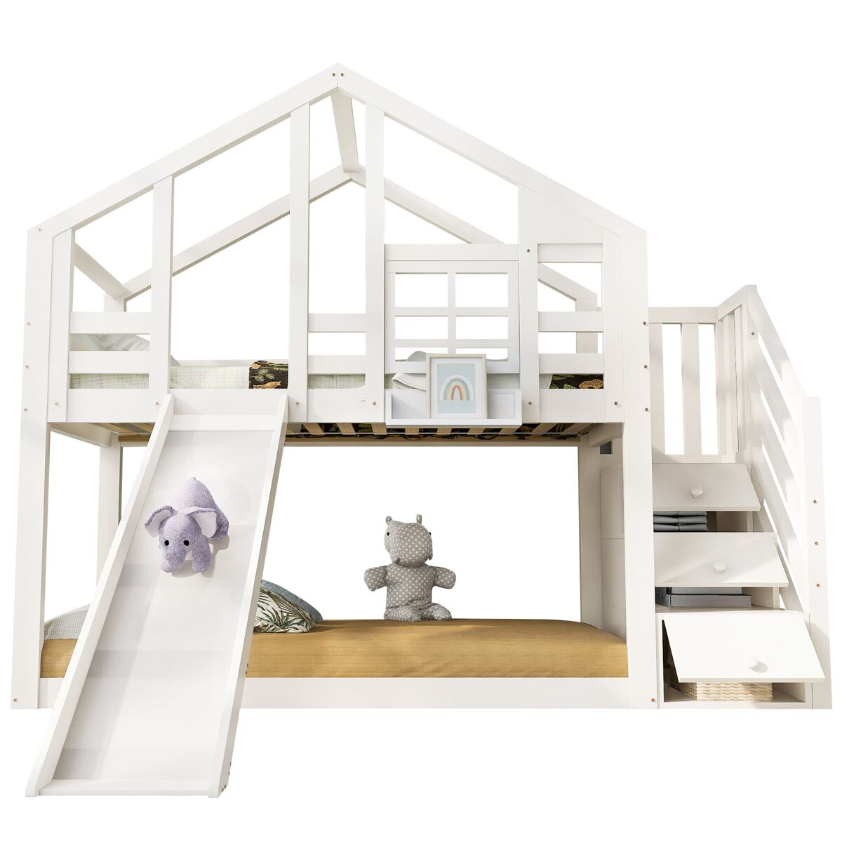 Cama infantil 90x200 cm - tipo casinha com escorregador e grade de segurança - branco